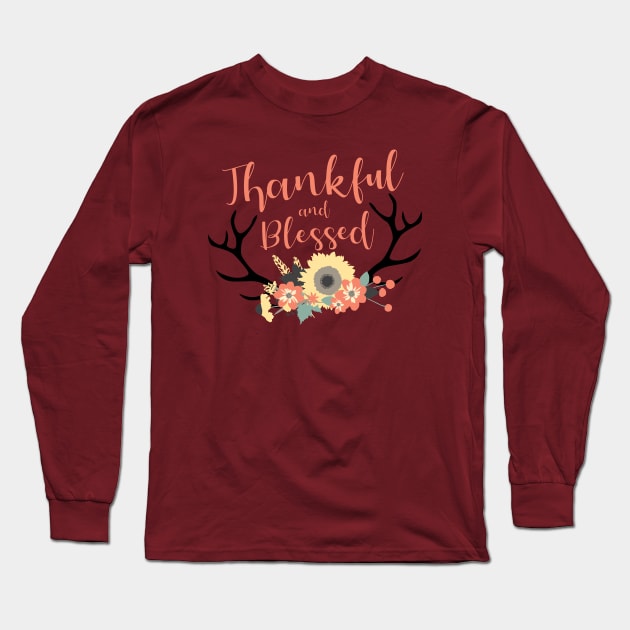 Thankful & Blessed Flower Antlers Long Sleeve T-Shirt by SmartCraftCo